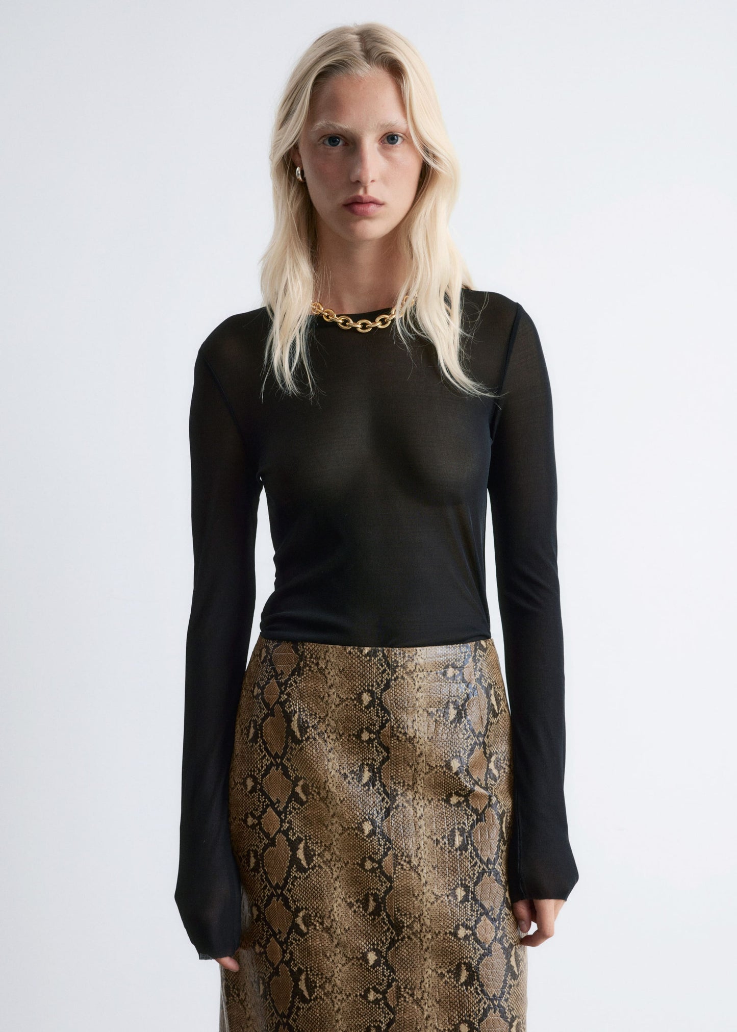 Snake Pattern Leather Midi Skirt