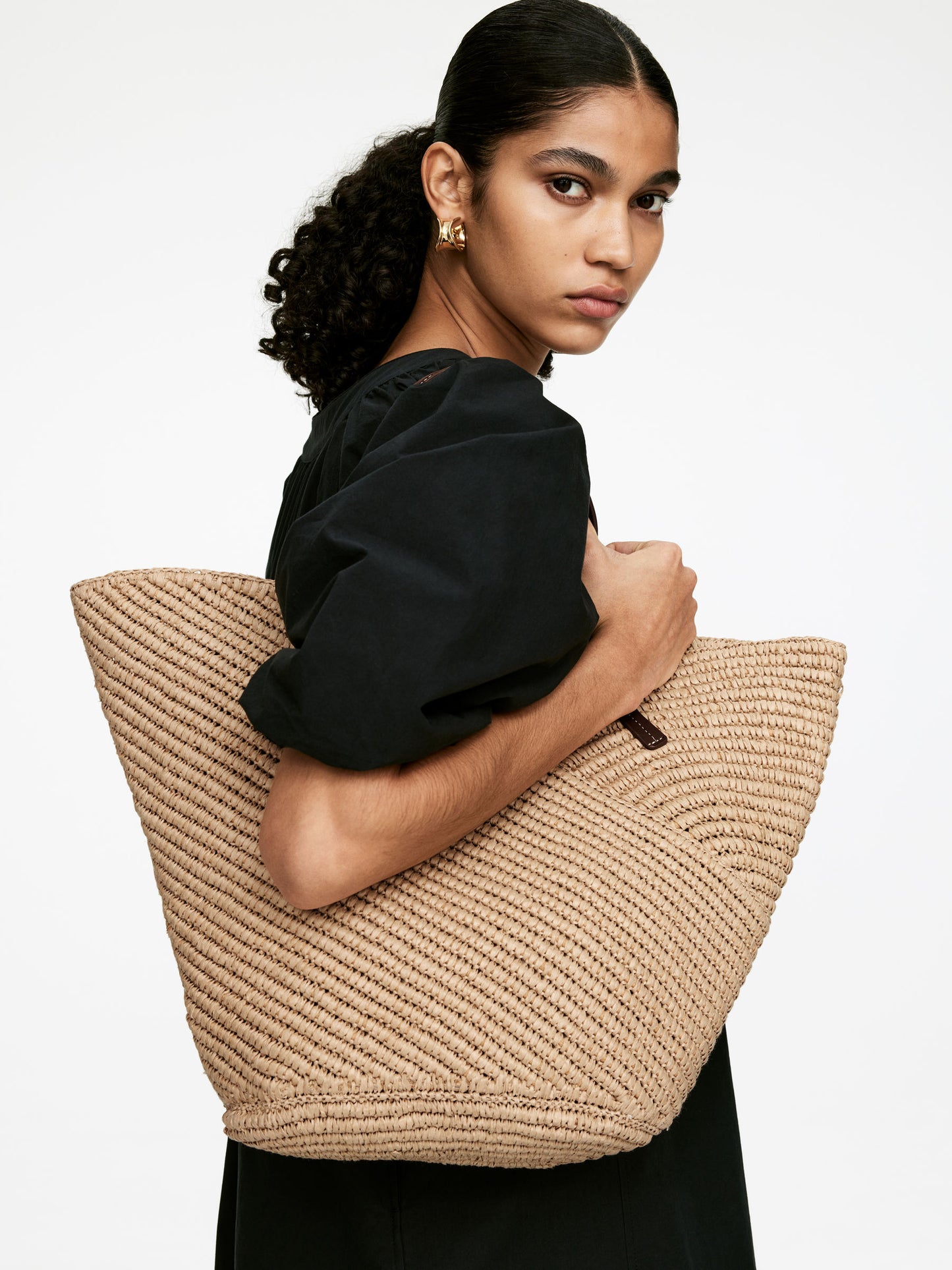 Leather-Detail Straw Tote