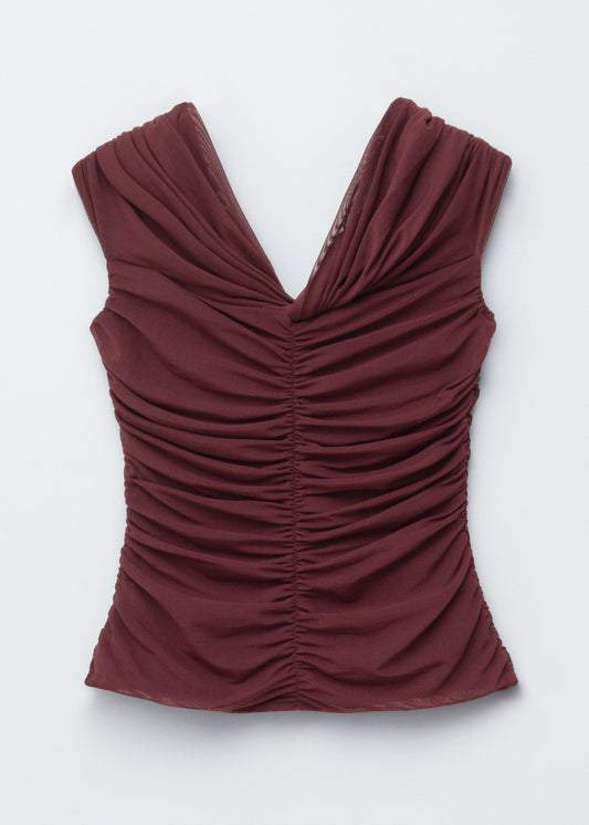 Ruched V-neck Mesh Top