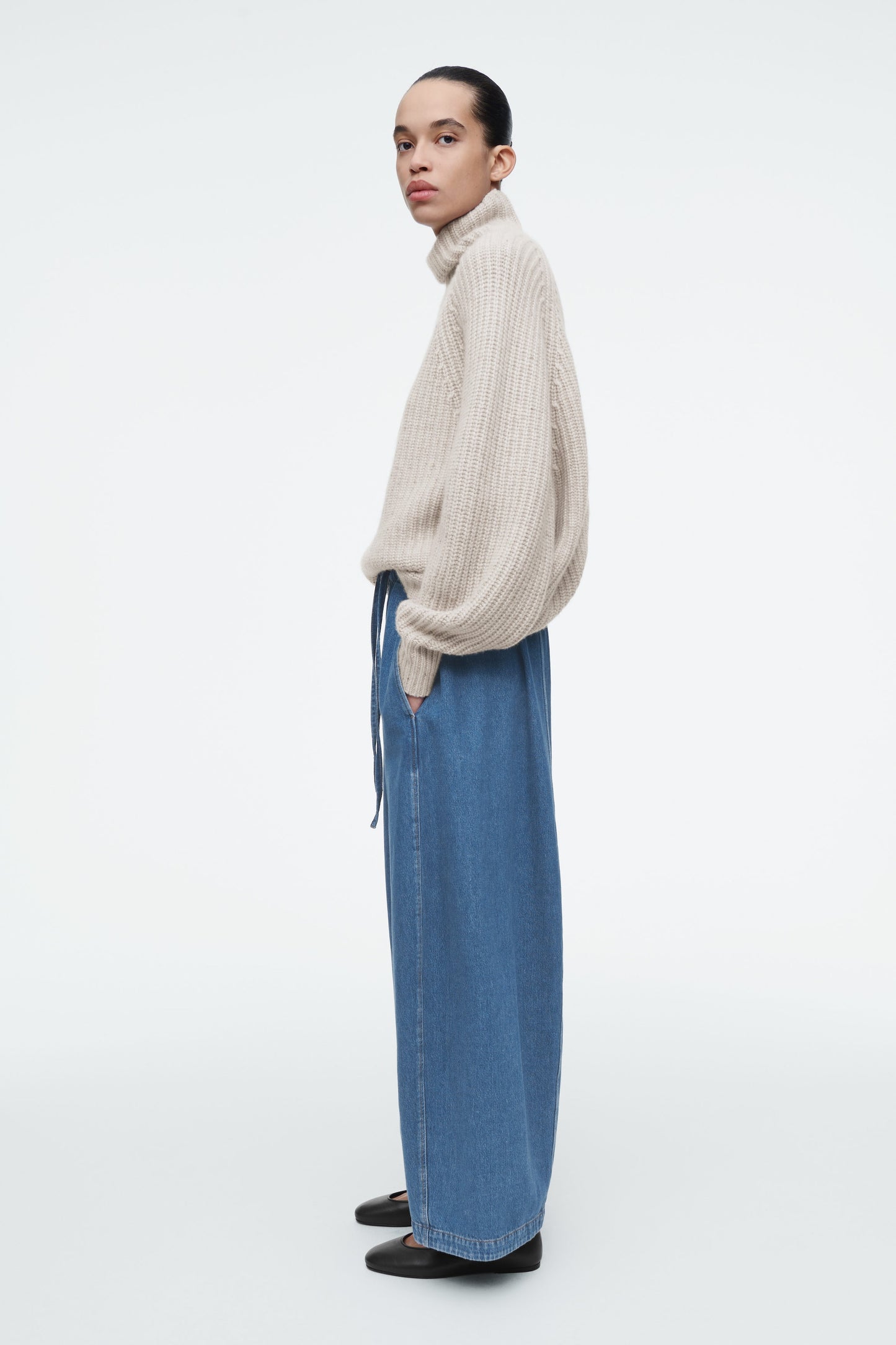 Barrel-Leg Denim Drawstring Trousers