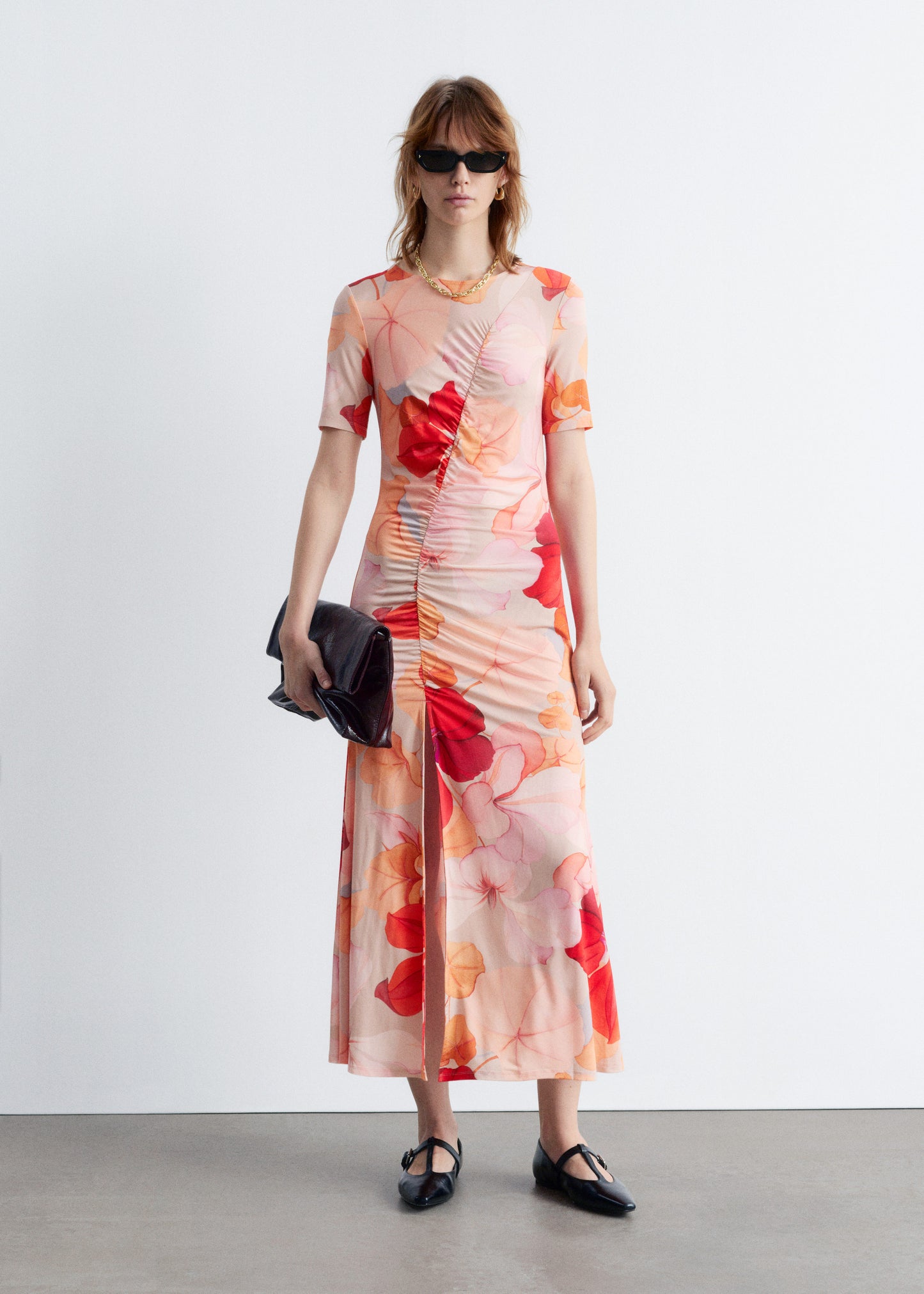 Ruched Short-Sleeve Midi Dress