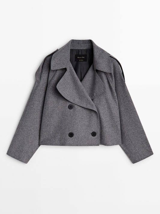 Cropped wool blend flannel trench coat