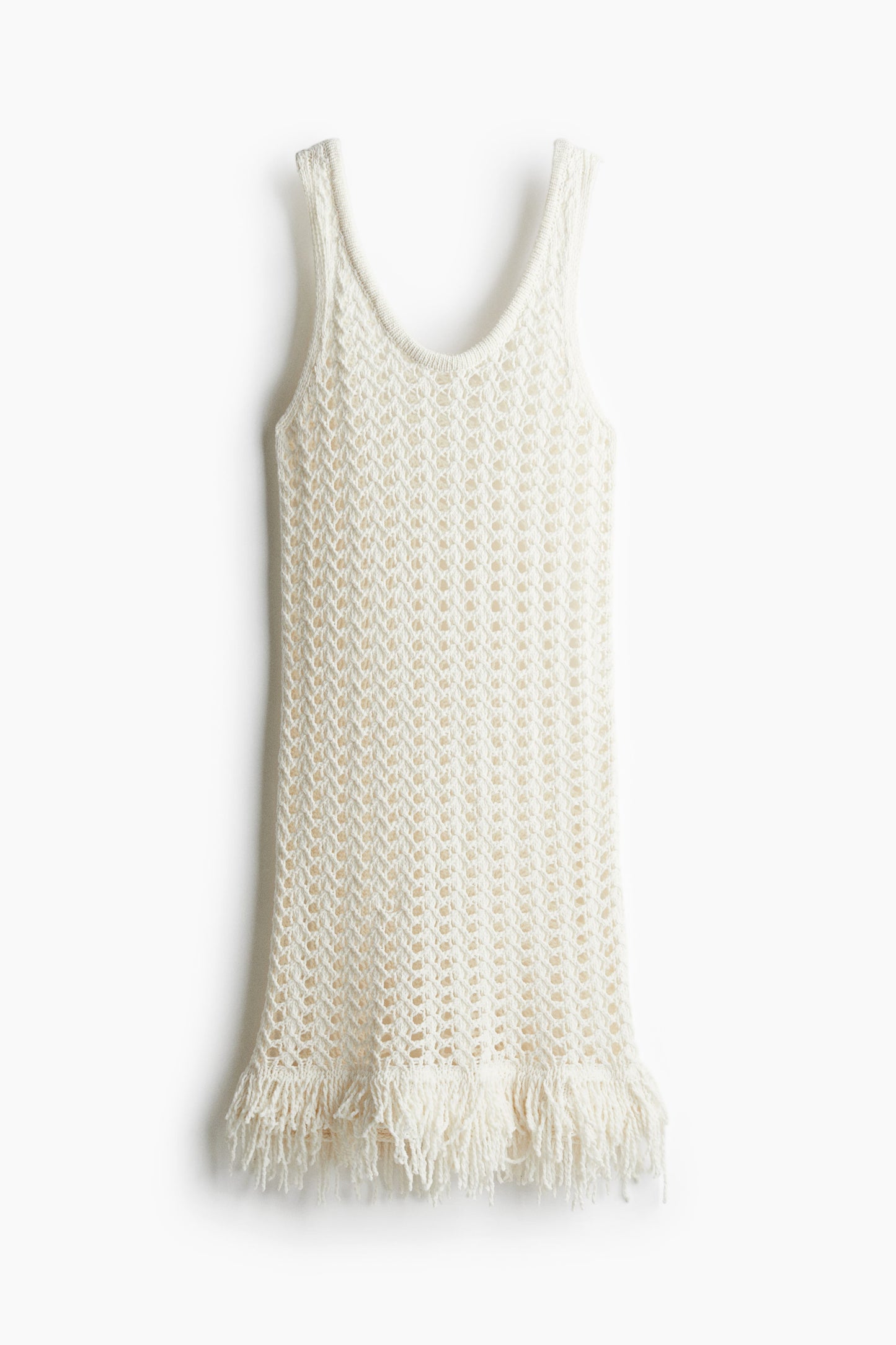 Fringe-trimmed hole-knit dress
