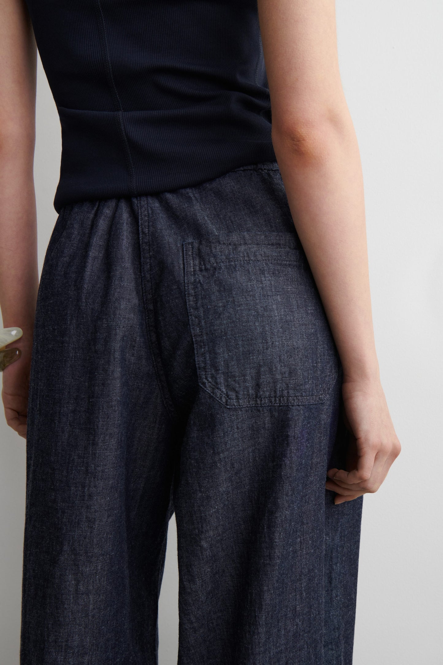Denim wide-leg drawstring trousers
