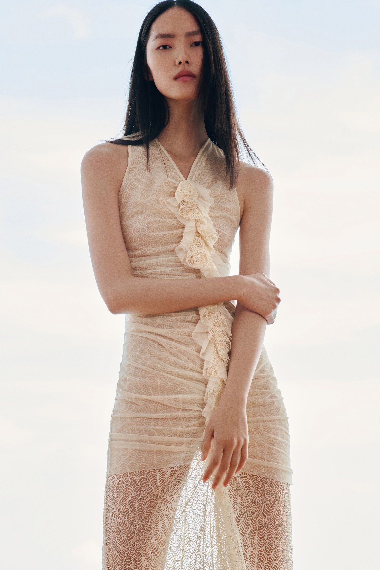 Ruffle-trim lace dress