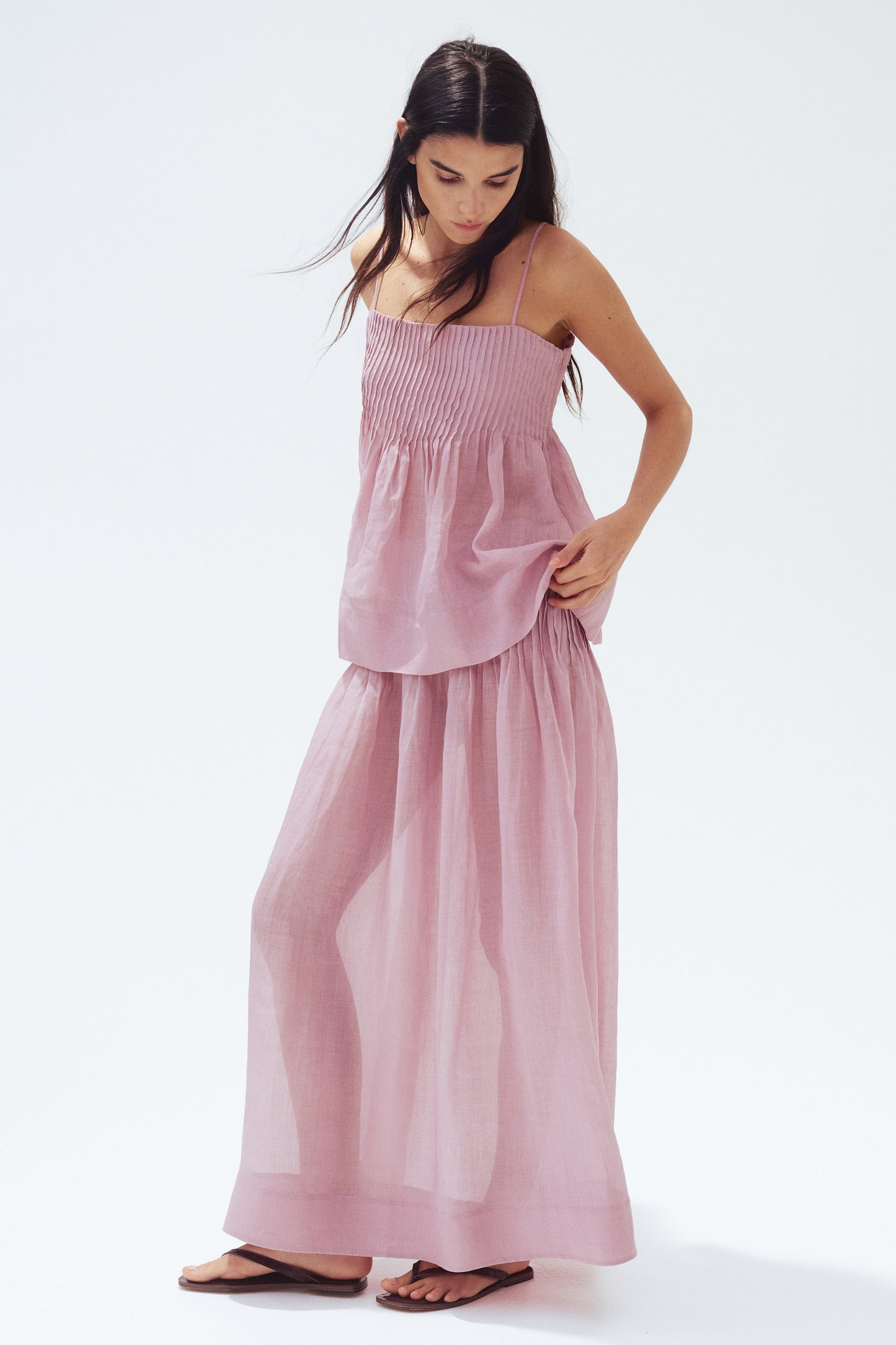 Pintucked ramie strappy top