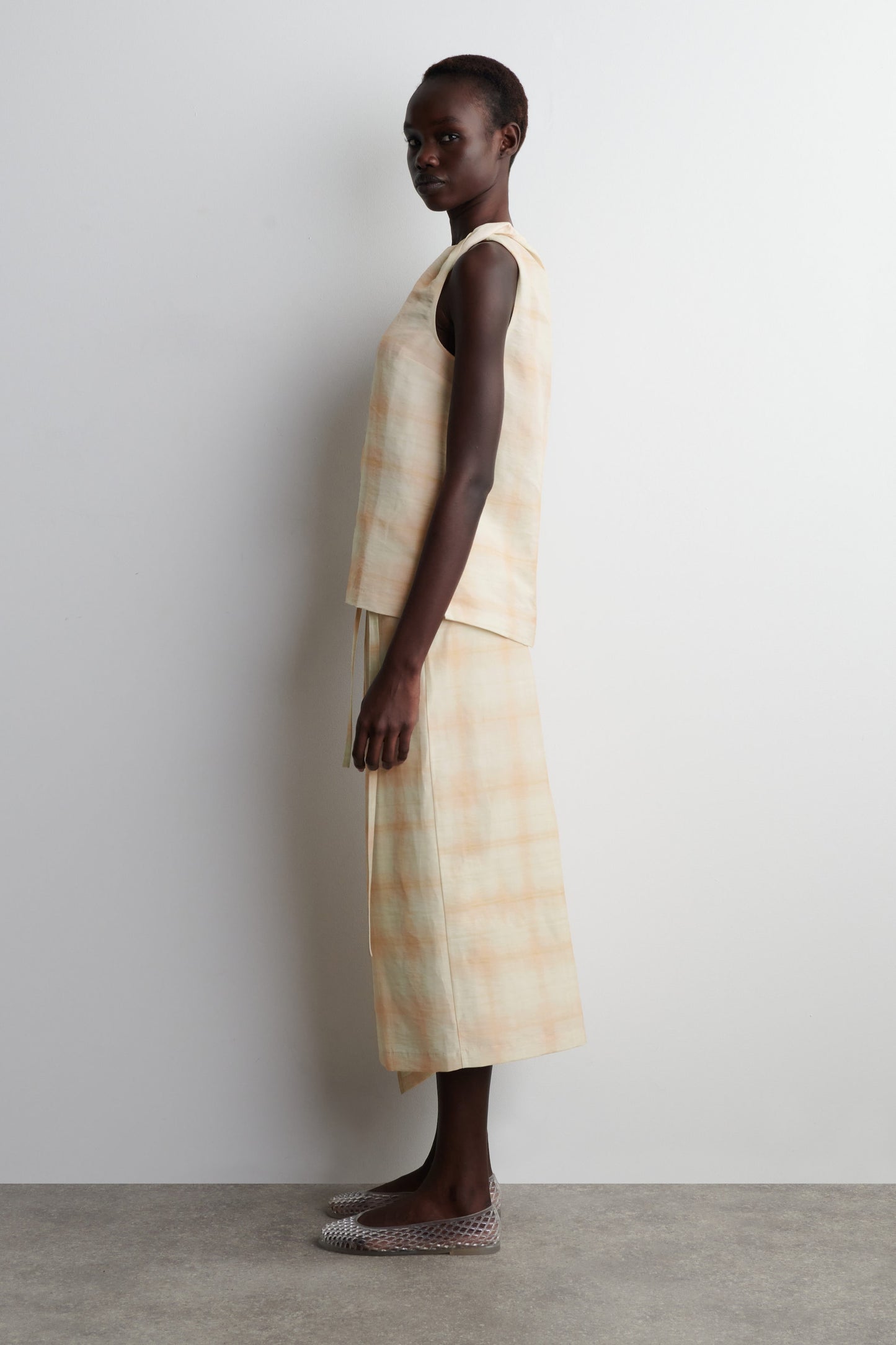 Checked Twisted-Shoulder Top