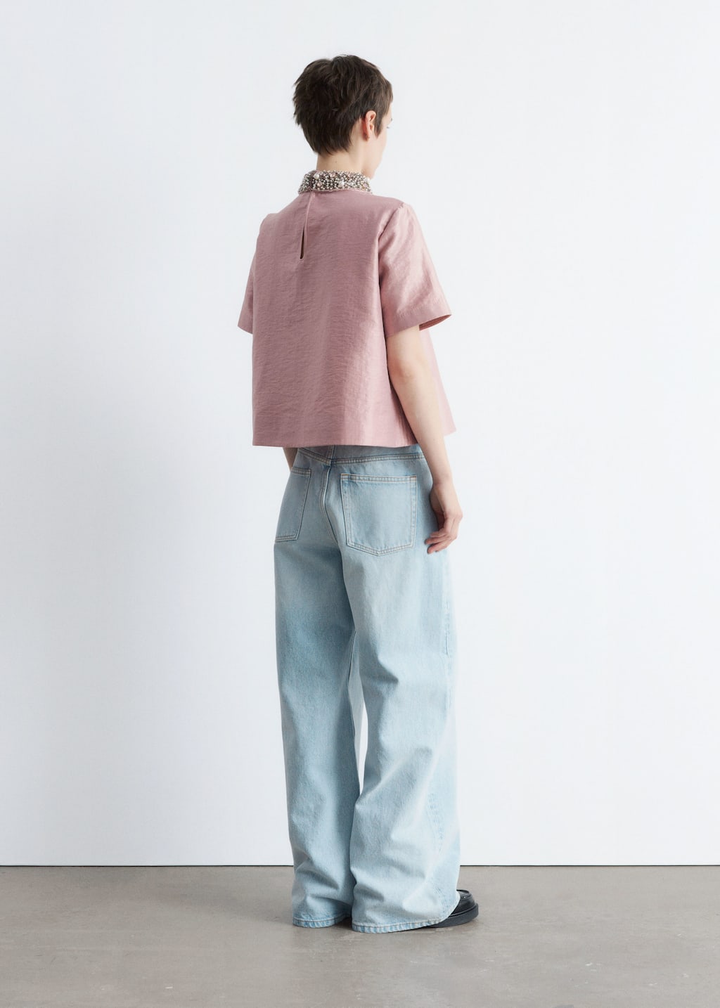 Short-Sleeve Pearl-Embroidered Blouse