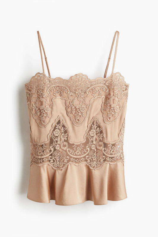 Lace-inset satin strappy top