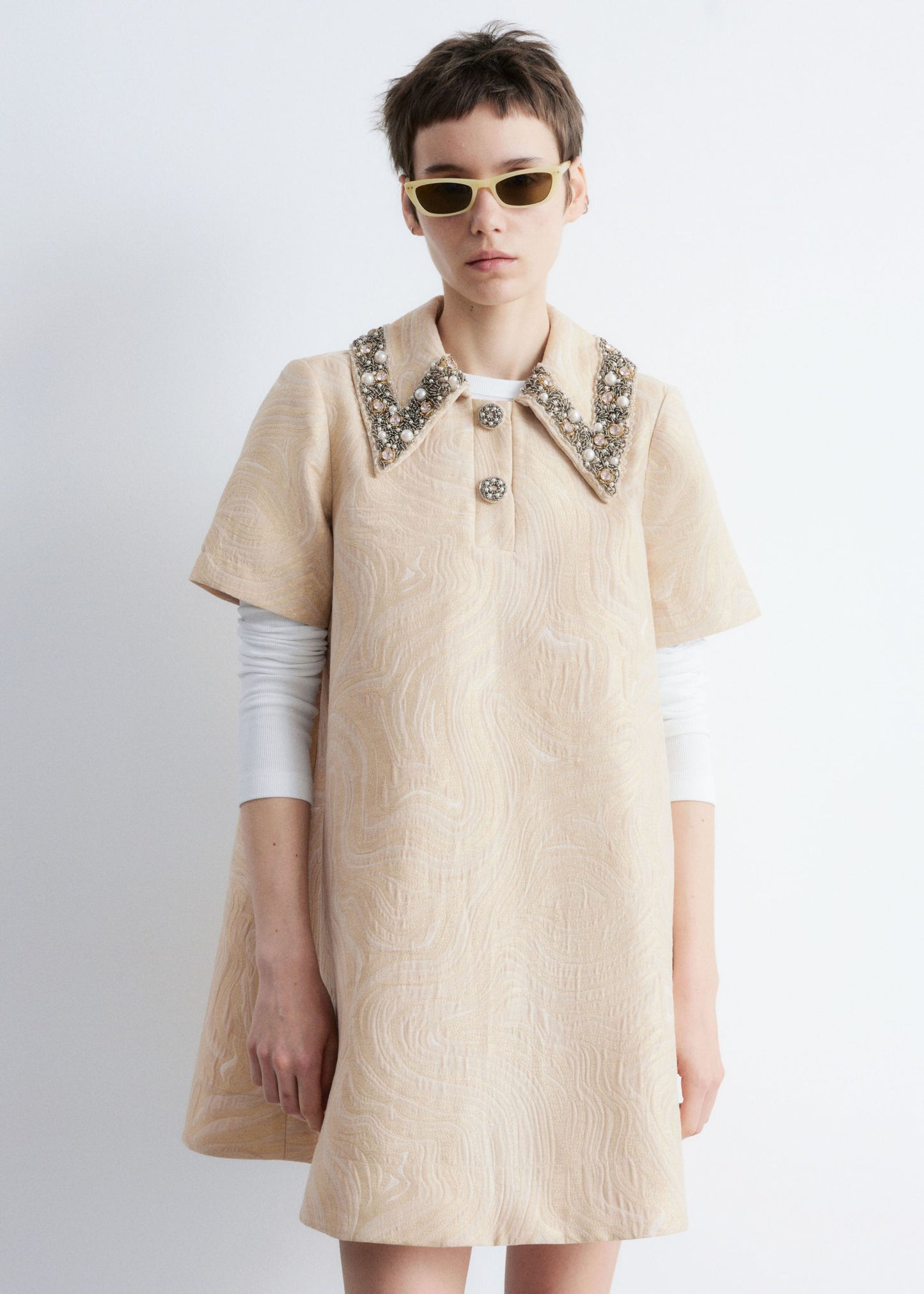 Short-Sleeve Jacquard Mini Dress