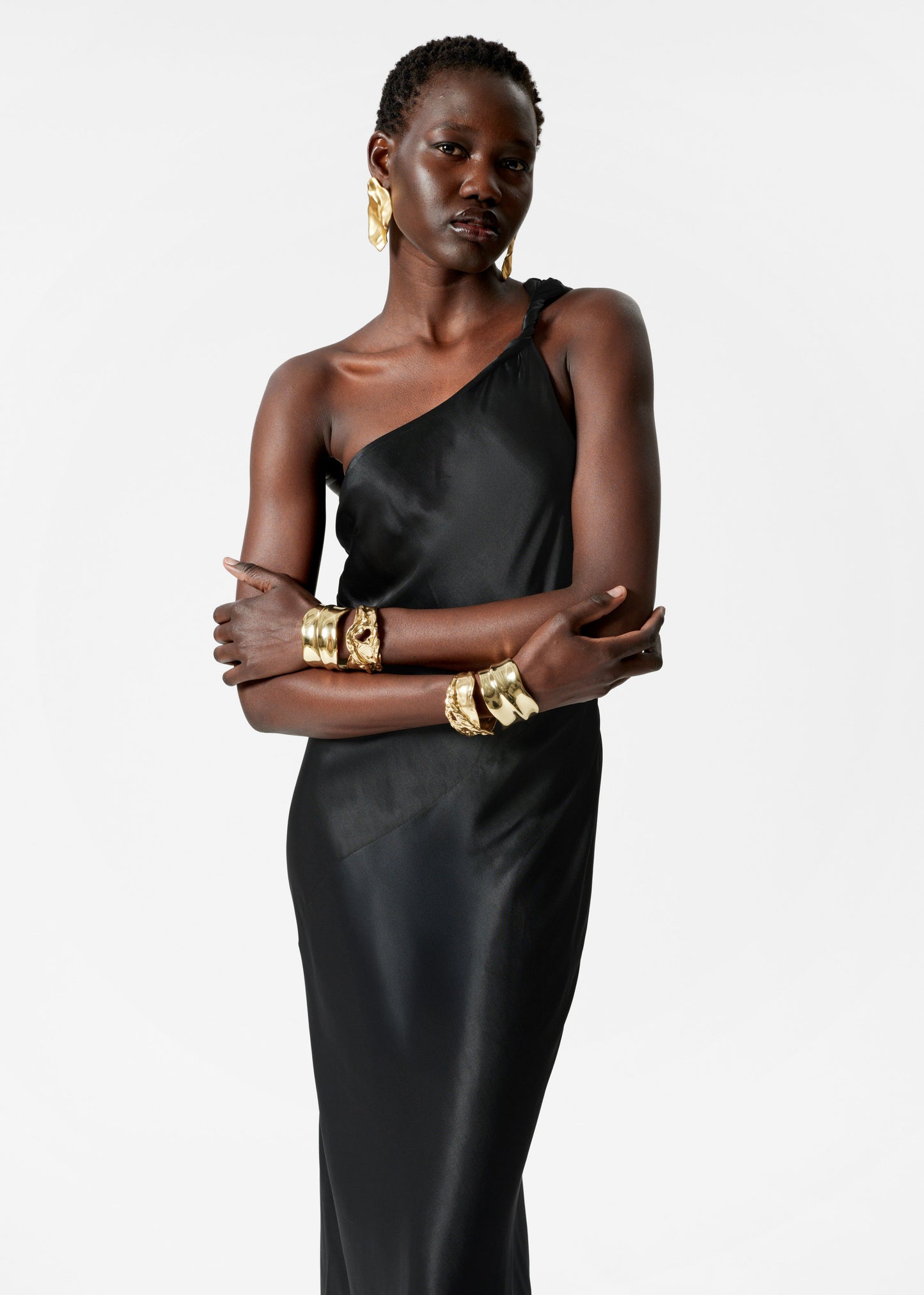 One-Shoulder Satin Midi Dress