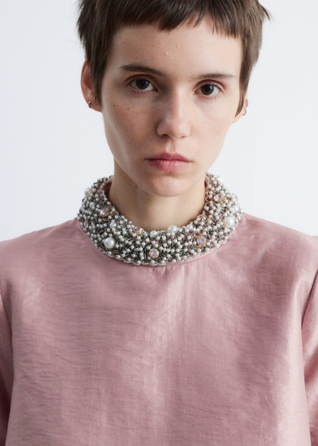 Short-Sleeve Pearl-Embroidered Blouse