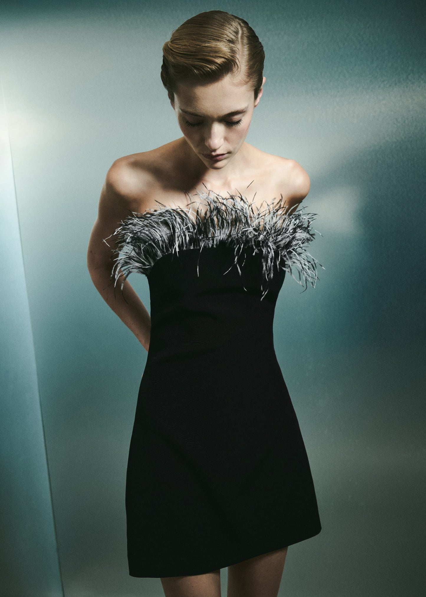 Strapless dress with feather detail