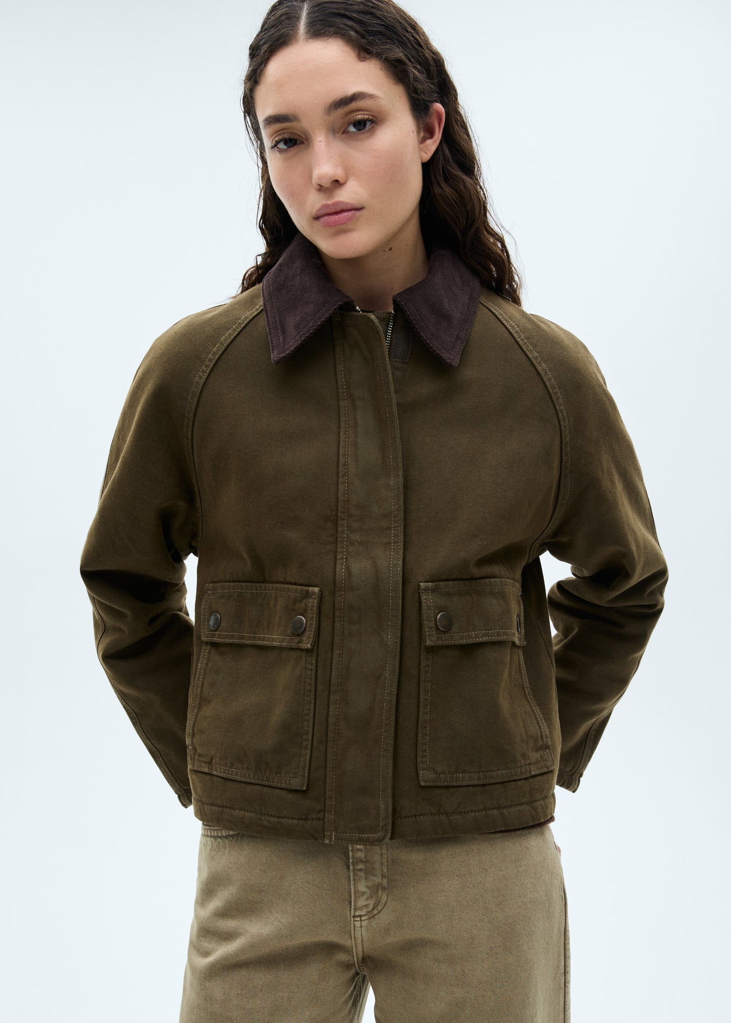 Denim parka with contrasting collar