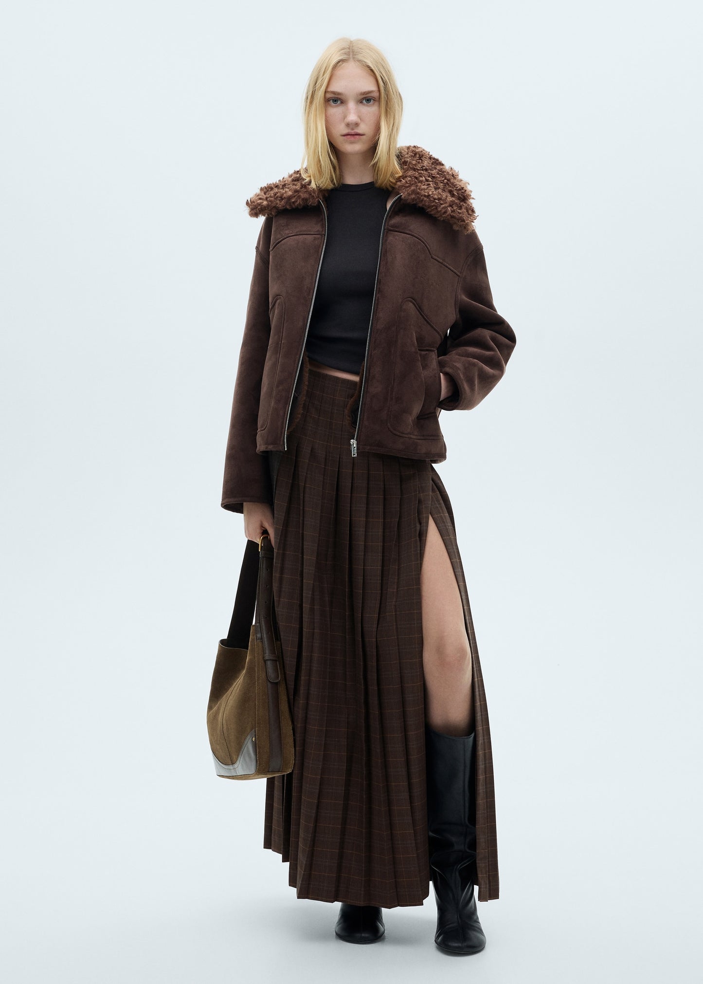Pleated check midi skirt