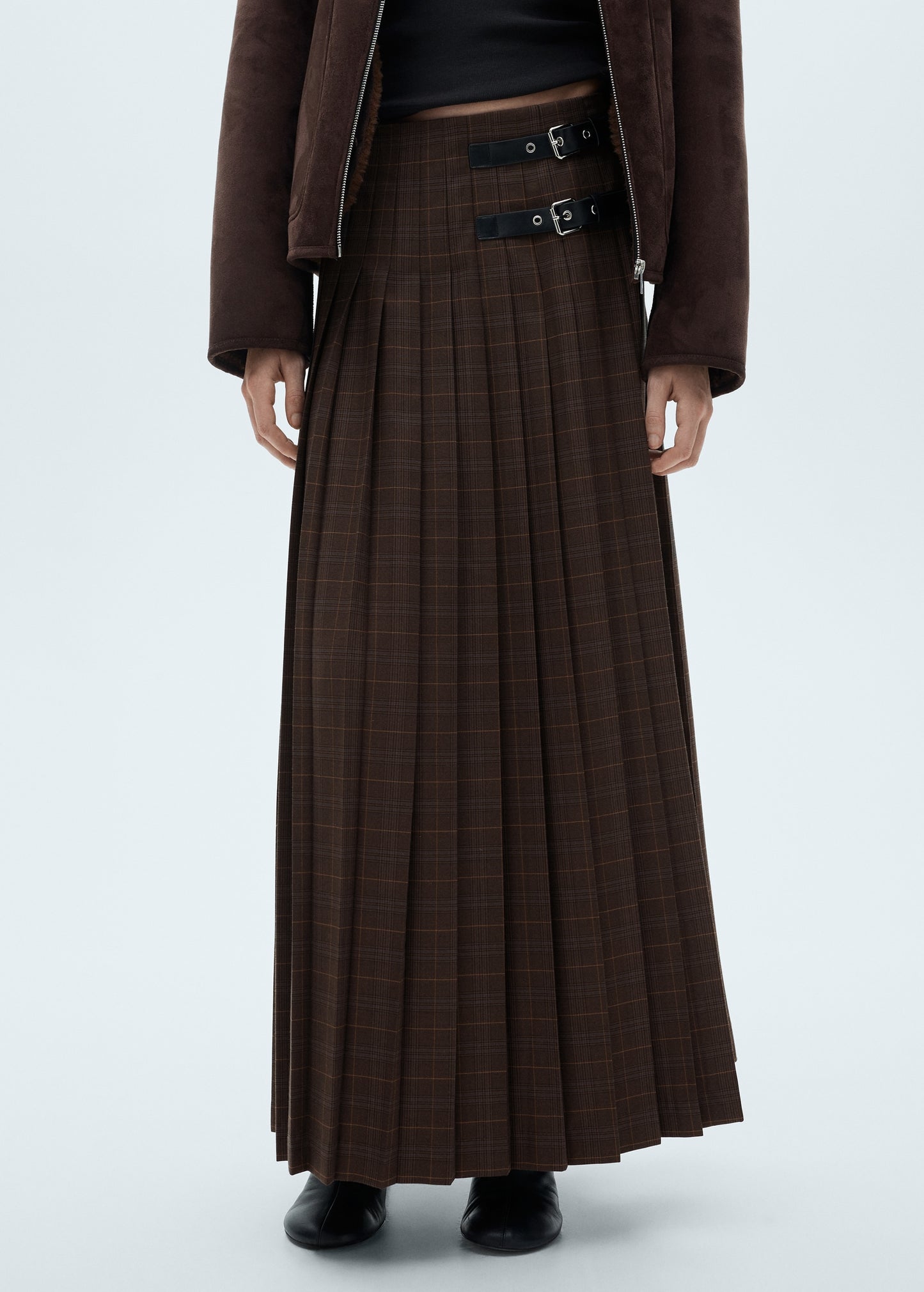 Pleated check midi skirt