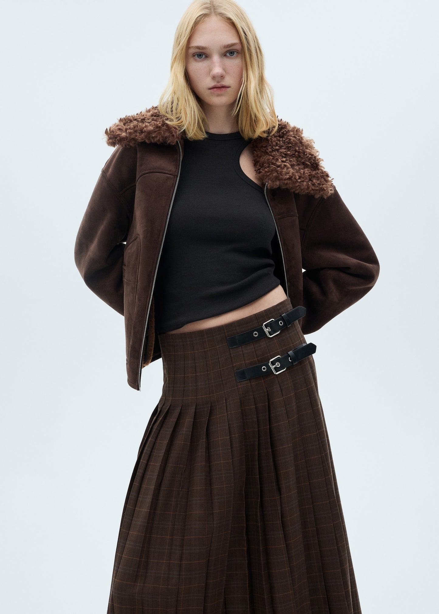 Pleated check midi skirt