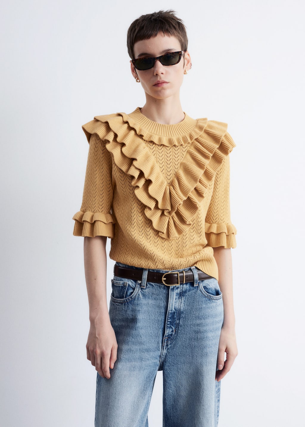 Pointelle-Knit Ruffle Top