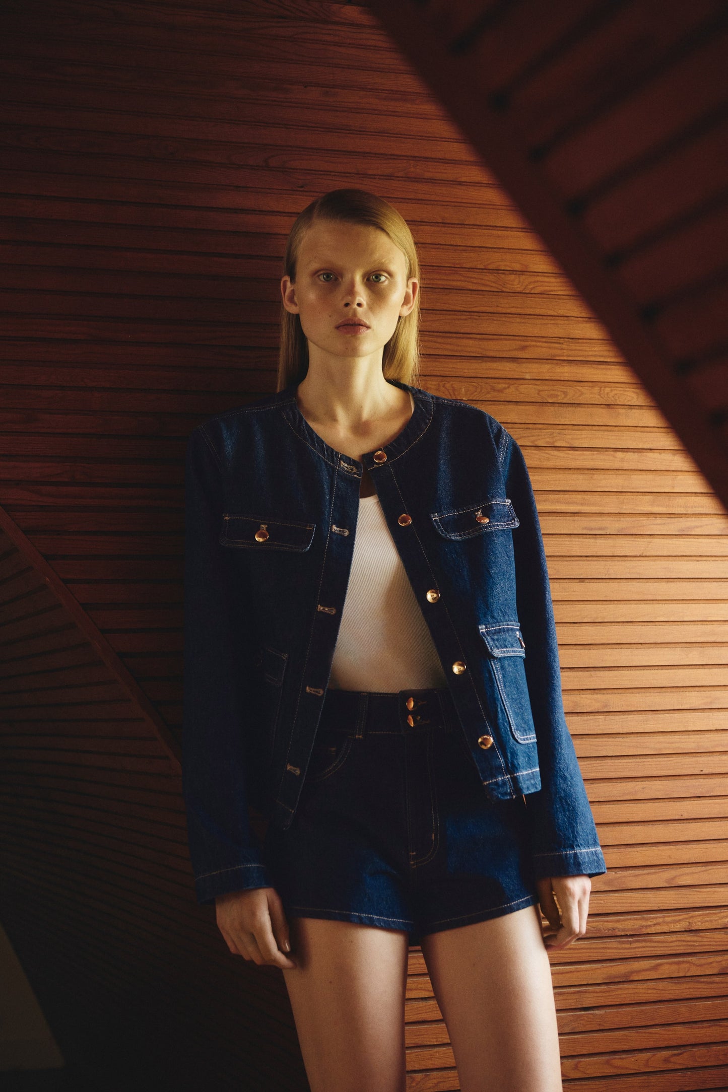 Collarless denim jacket