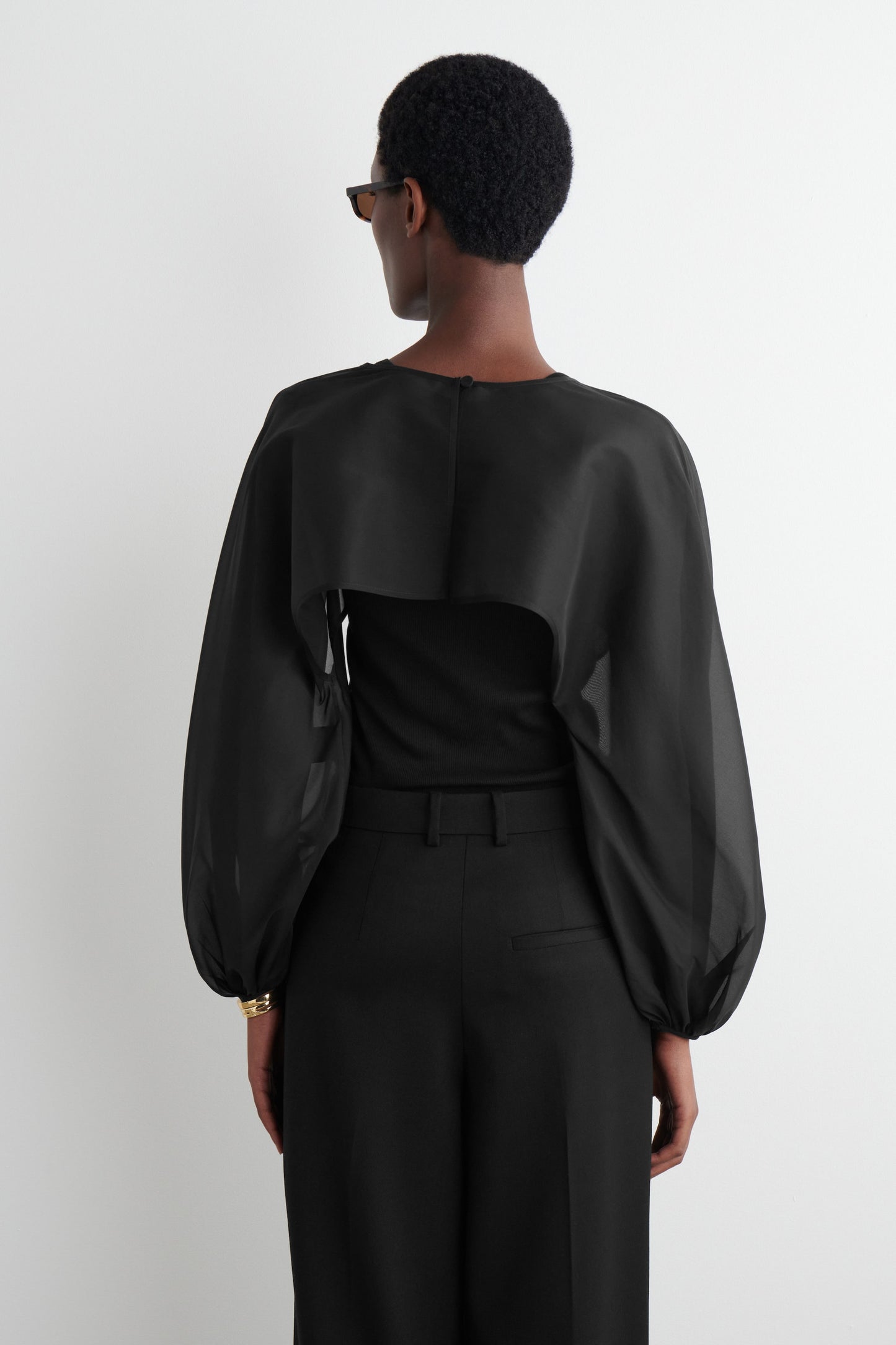 Balloon-sleeve sheer silk hybrid