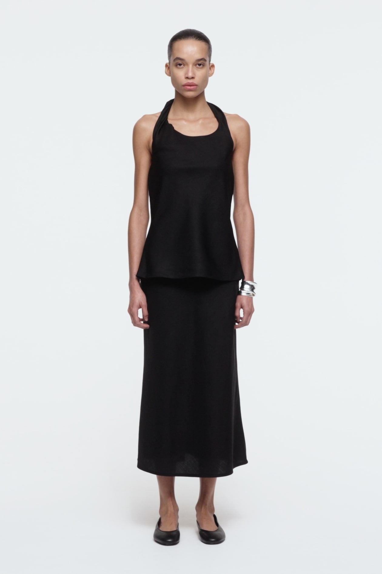 Linen-blend midi column skirt