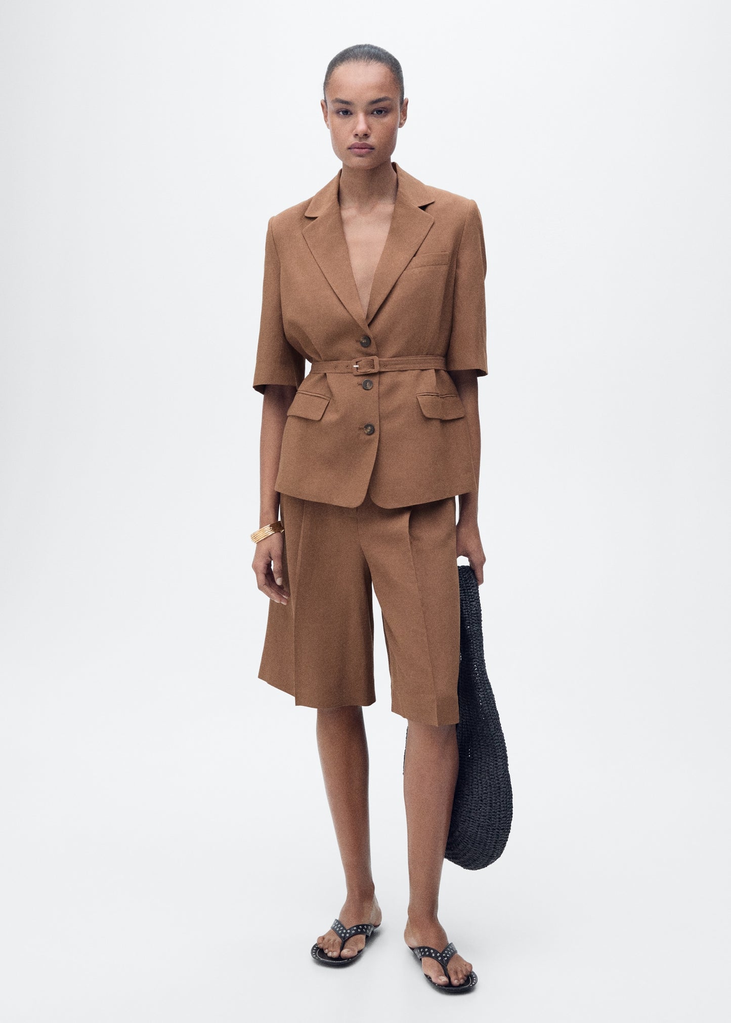 Linen-blend suit jacket with belt