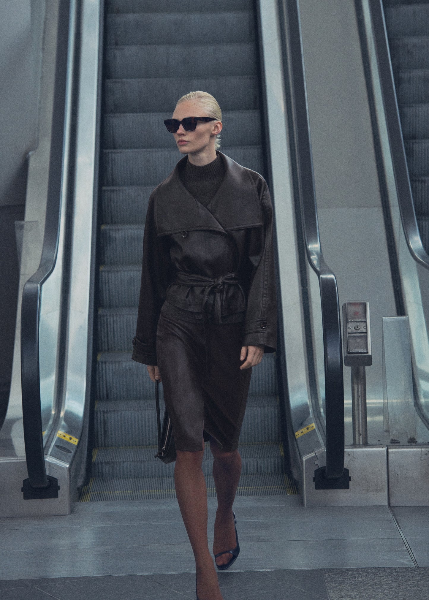 Maxi-jacket with leather-effect lapels