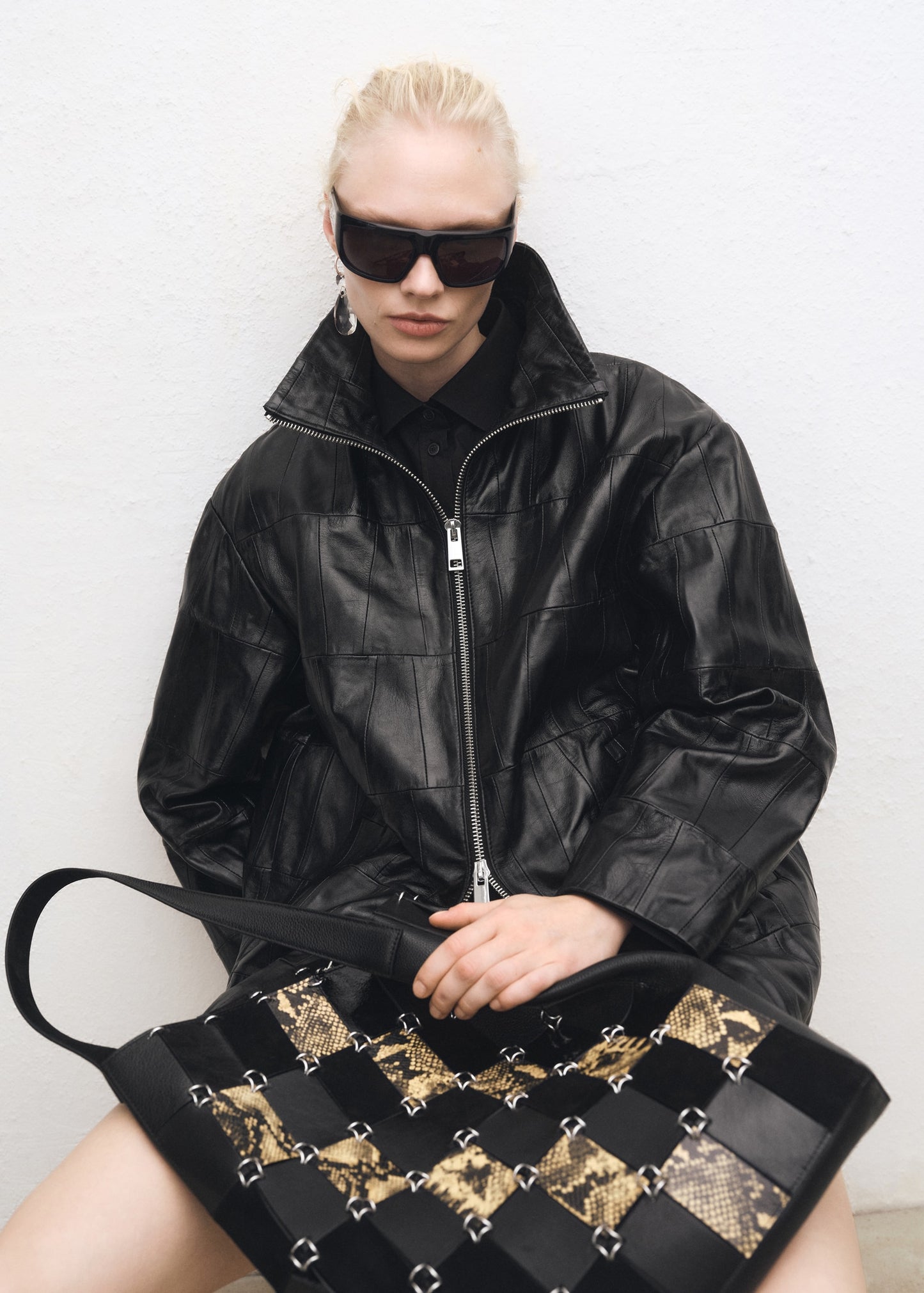 Oversized patchwork leather coat