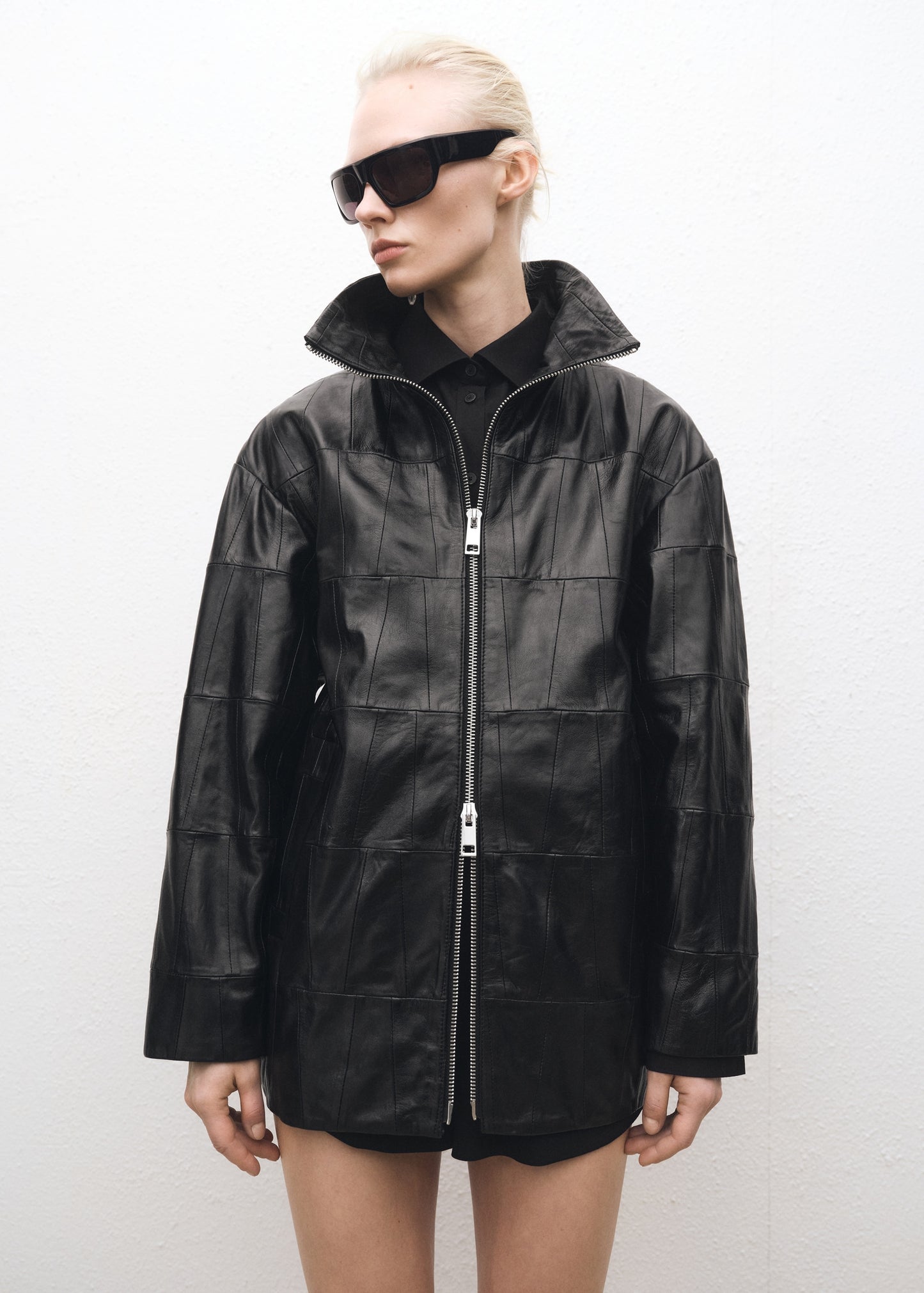 Oversized patchwork leather coat