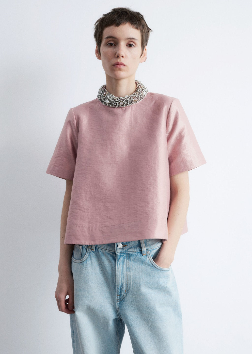 Short-Sleeve Pearl-Embroidered Blouse