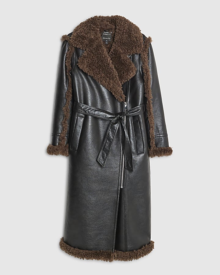 Black Faux Shearling Lined Belted Trench Coat