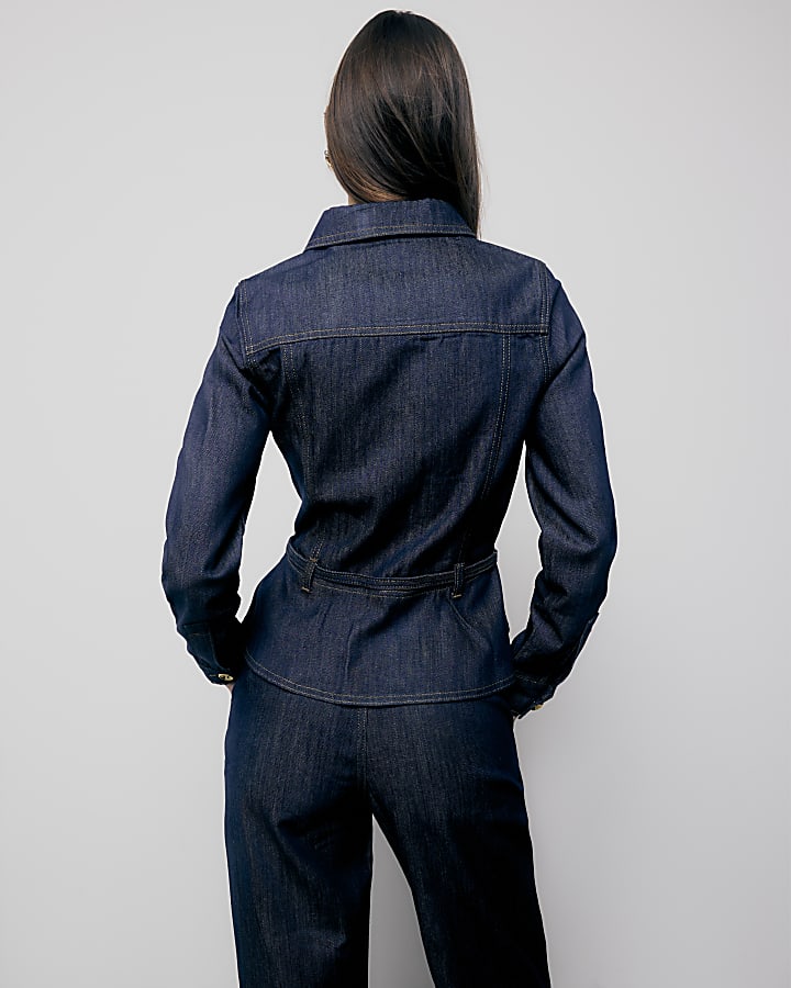 Indigo Denim Long Sleeve Belted Peplum Jacket | River Island