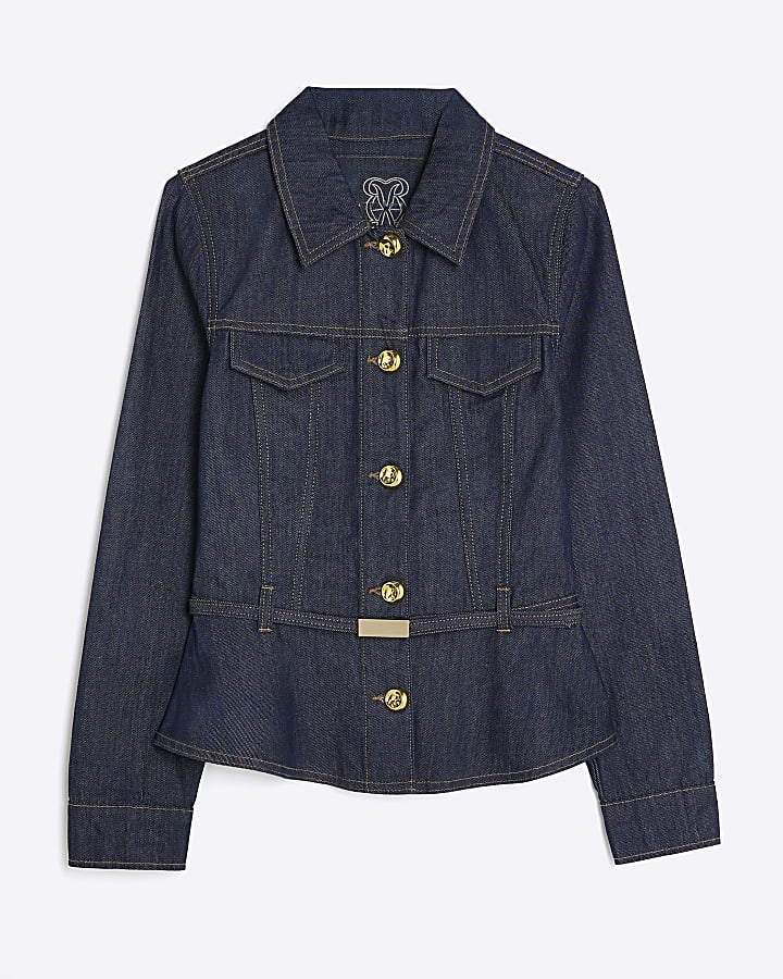 Indigo Denim Long Sleeve Belted Peplum Jacket | River Island