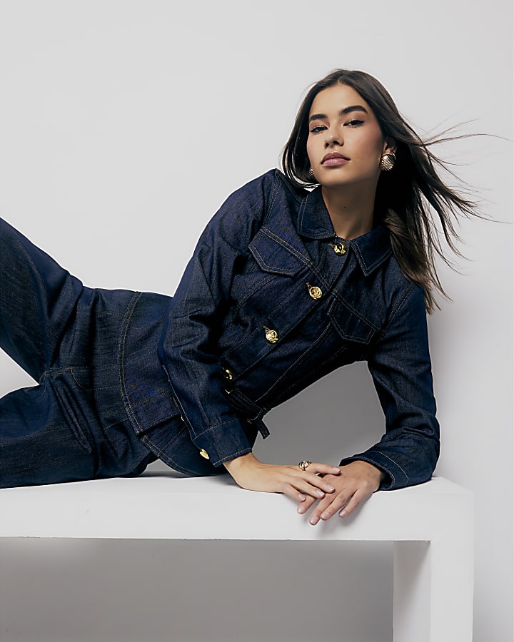 Indigo Denim Long Sleeve Belted Peplum Jacket | River Island
