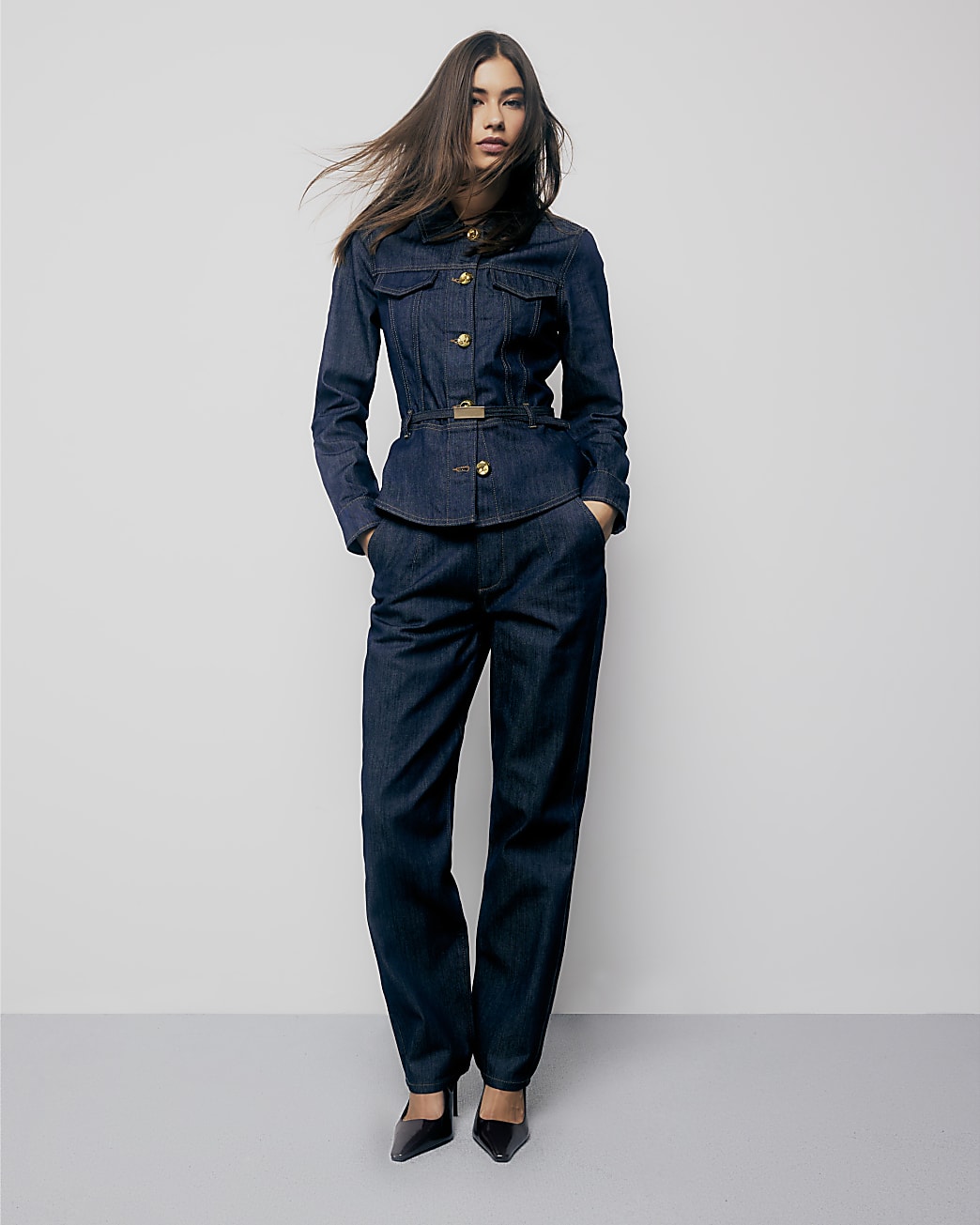 Indigo Denim Long Sleeve Belted Peplum Jacket | River Island