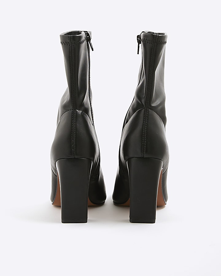 Black Square Toe Stretch Heeled Boots