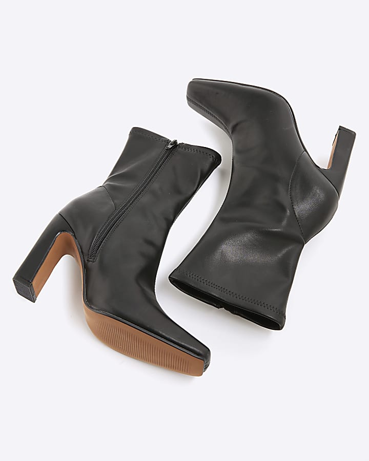 Black Square Toe Stretch Heeled Boots