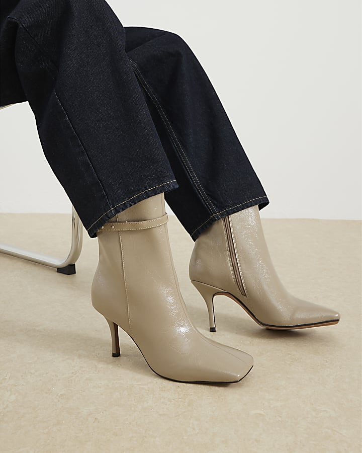 Beige Square Toe Heeled Ankle Boots