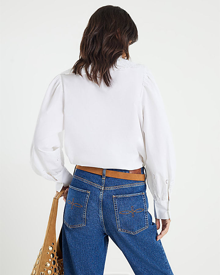 White Long Sleeve Collared Blouse