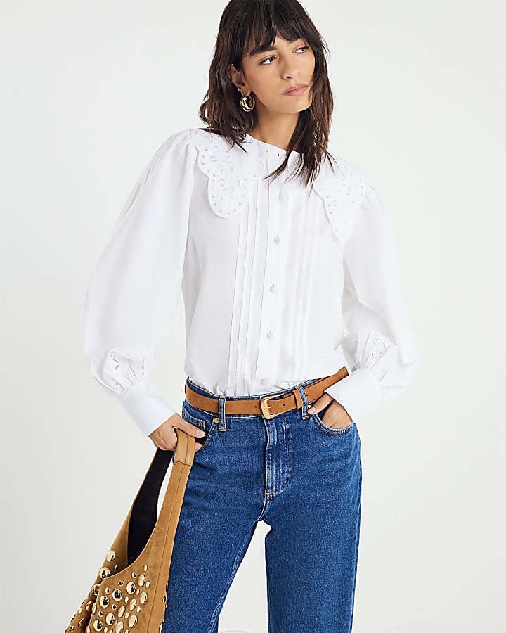 White Long Sleeve Collared Blouse