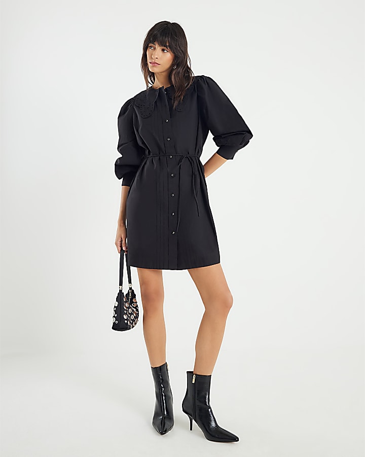 Black Collared Mini Shirt Dress