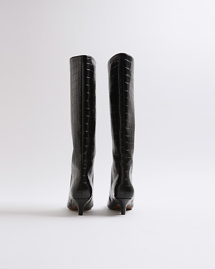Black Croc Textured Knee High Boots