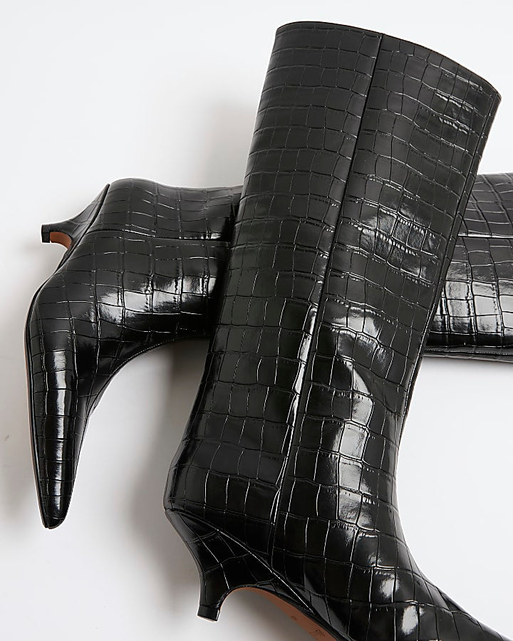 Black Croc Textured Knee High Boots