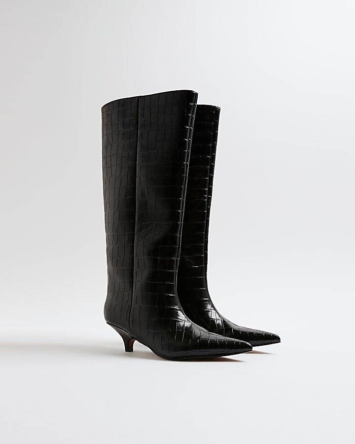 Black Croc Textured Knee High Boots