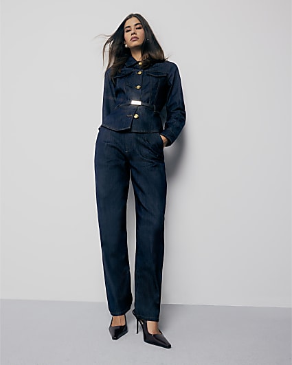 Indigo Denim Long Sleeve Belted Peplum Jacket | River Island