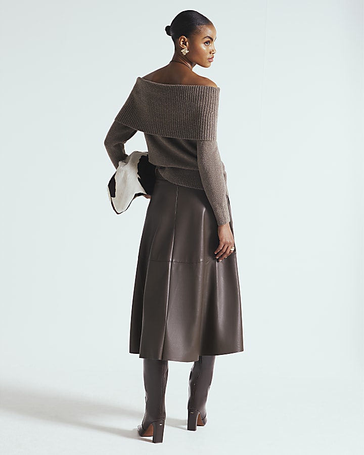 Brown Faux Leather Midi Skirt