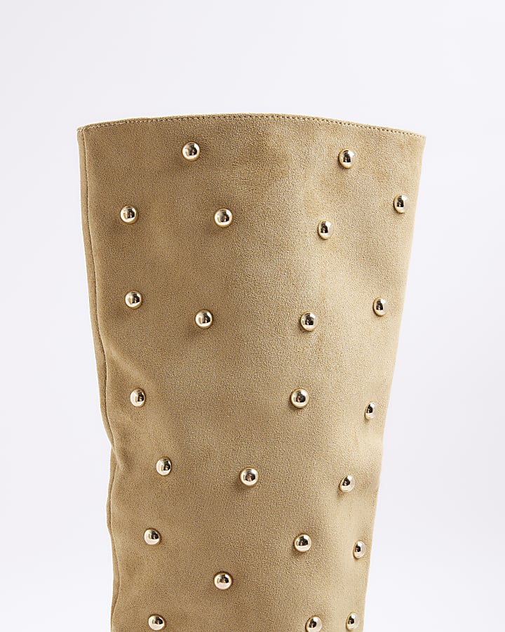 Beige Faux Suede Studded High Leg Boots
