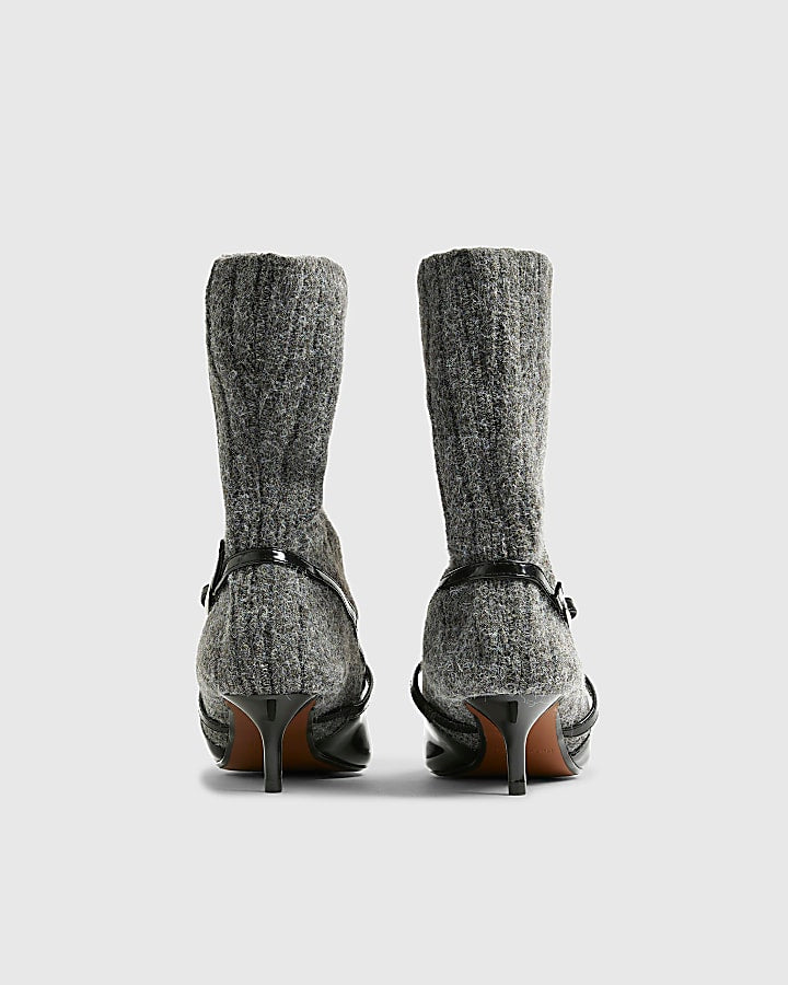 Grey Knit Sock Boot Court Heels