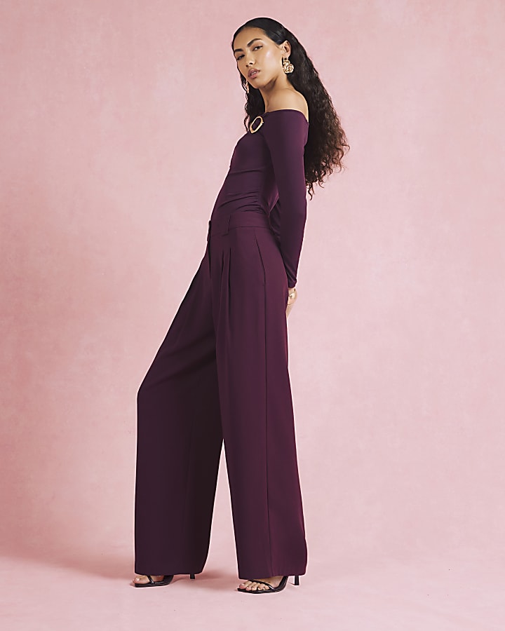 Red Wide Leg Tailored Trousers