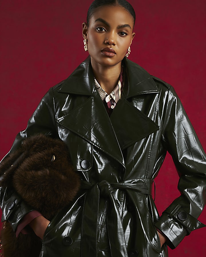 Green Faux Leather Croc Texture Trench Coat